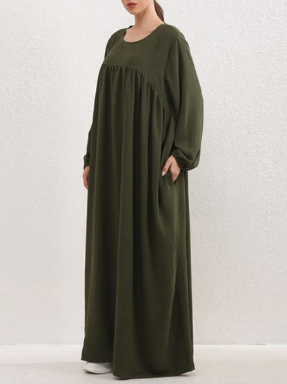 Long Sleeves Loose Pleated Color Split-joint Round-neck Maxi Dresses