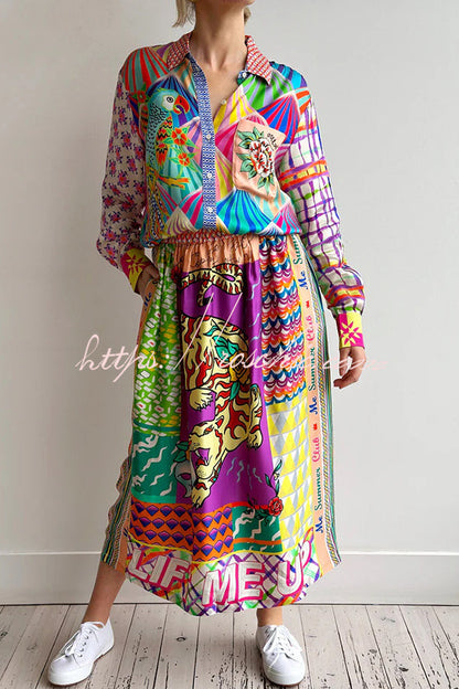 Satin Colorful Unique Print Elastic Waist Pocket Vacation Midi Skirt