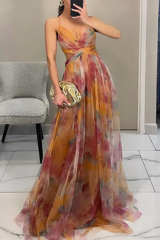 Giselle Tulle Render Print Cutout Waist Back Lace-up Maxi Dress
