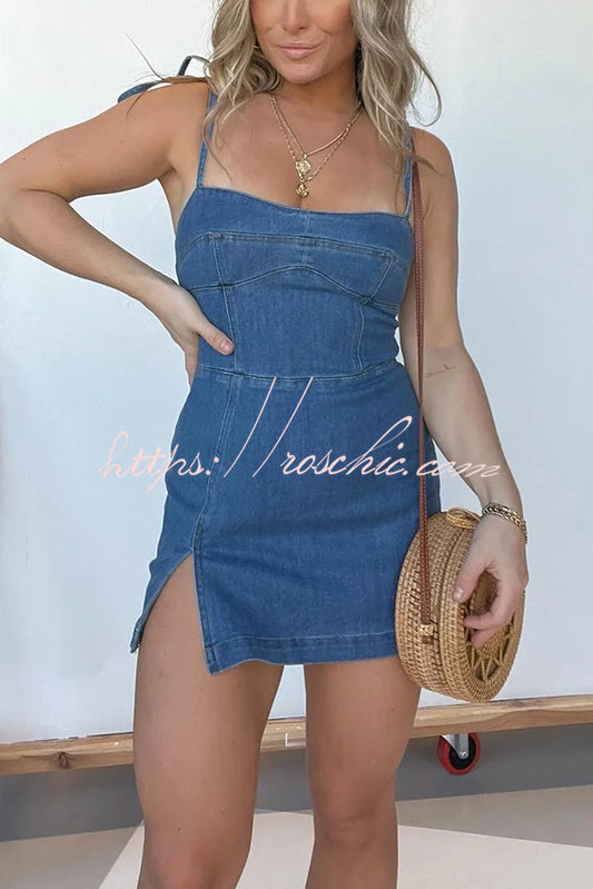 Backless Slim Fit Slit Denim Mini Dress