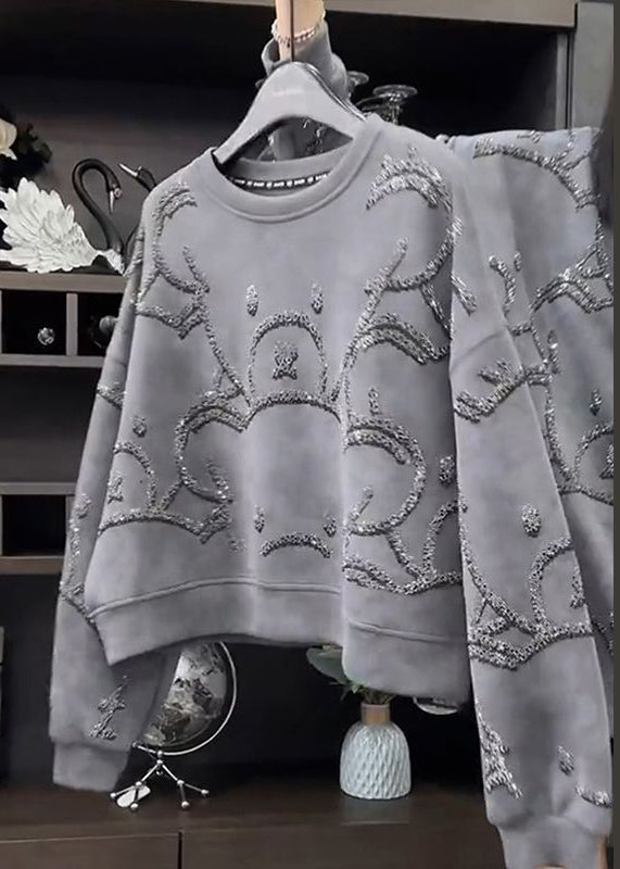 Grey O-neck Sequins Sweatshirt Fall Wd035