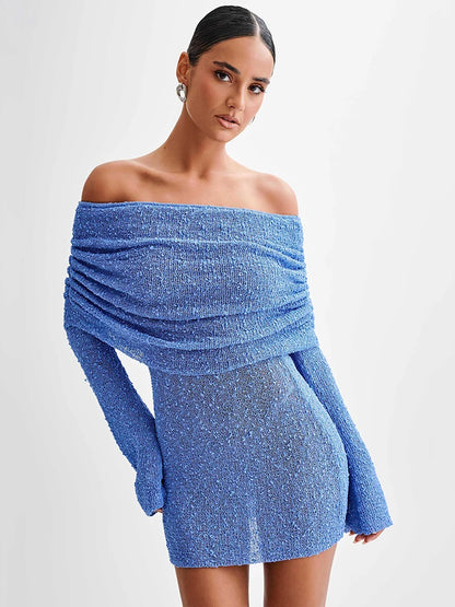 Off-shoulder Long Sleeve Mini Dress for Robe Hollow Out Knit Dress Female Strapless Beach Holiday Dresses