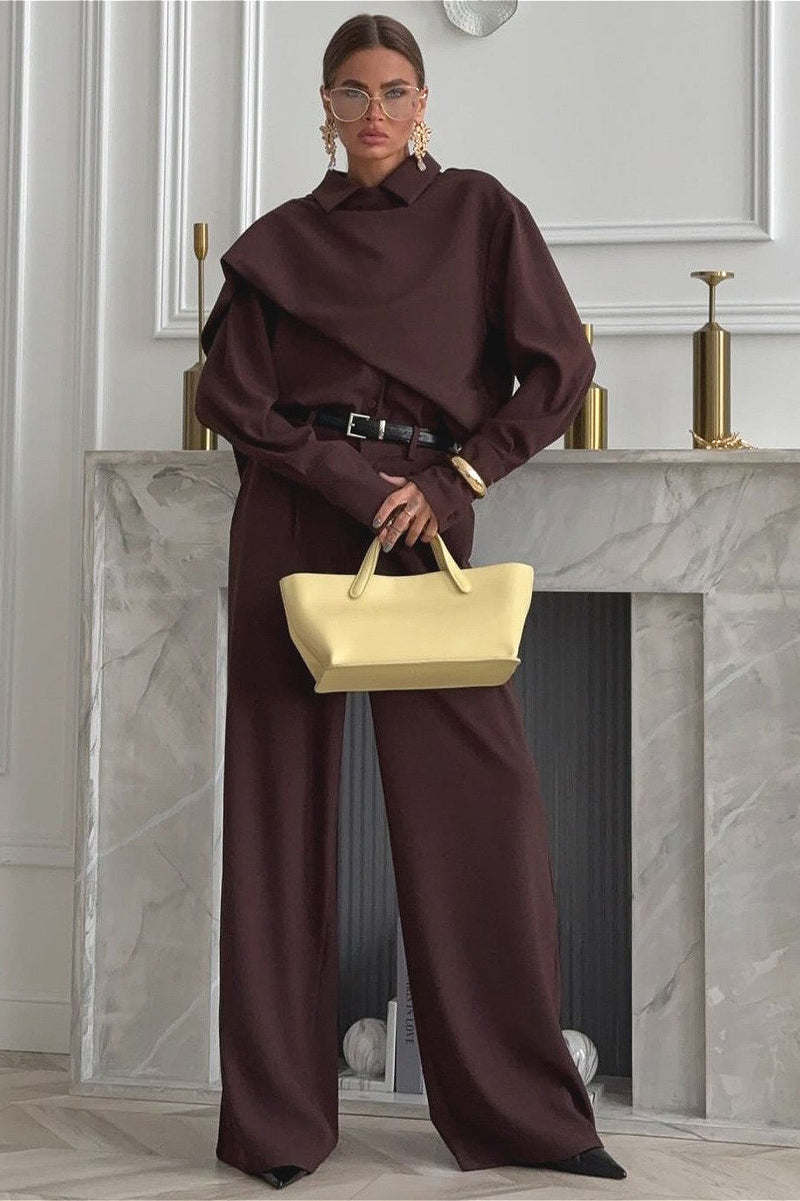 Lapel Scarf Top & Wide Leg Pants Two Piece Set