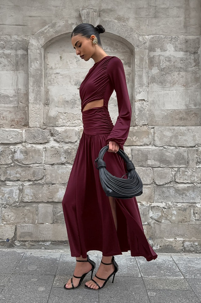 Round Neck Long Sleeve Cutout Maxi Dress