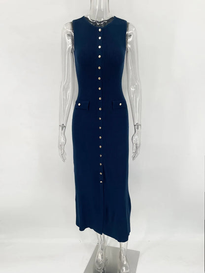 Knit Ribbed Cardigan Maxi Dress Female High Waist Slim Pocket Sleeveless Party Dress ’s Knitwear Long Dress