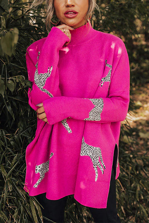 High Neck Side Slit Cheetah Pattern Sweater