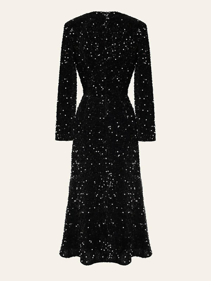 Sequin Decorated Velvet Midi Dress in Black