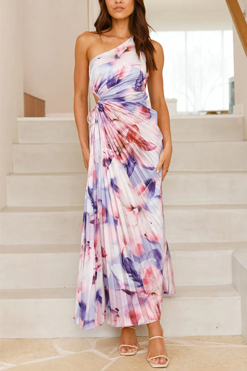 One Shoulder Sleeveless Cut Out Print Pleated Maxi Dress