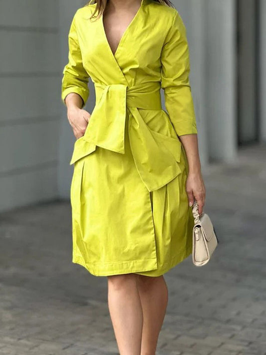 Long Sleeves Color Tied Waist Deep V-neck Mini Dresses
