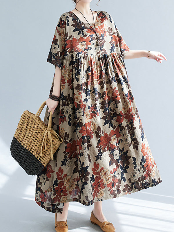 Loose Puff Sleeves Printed Round-neck Midi Dresses