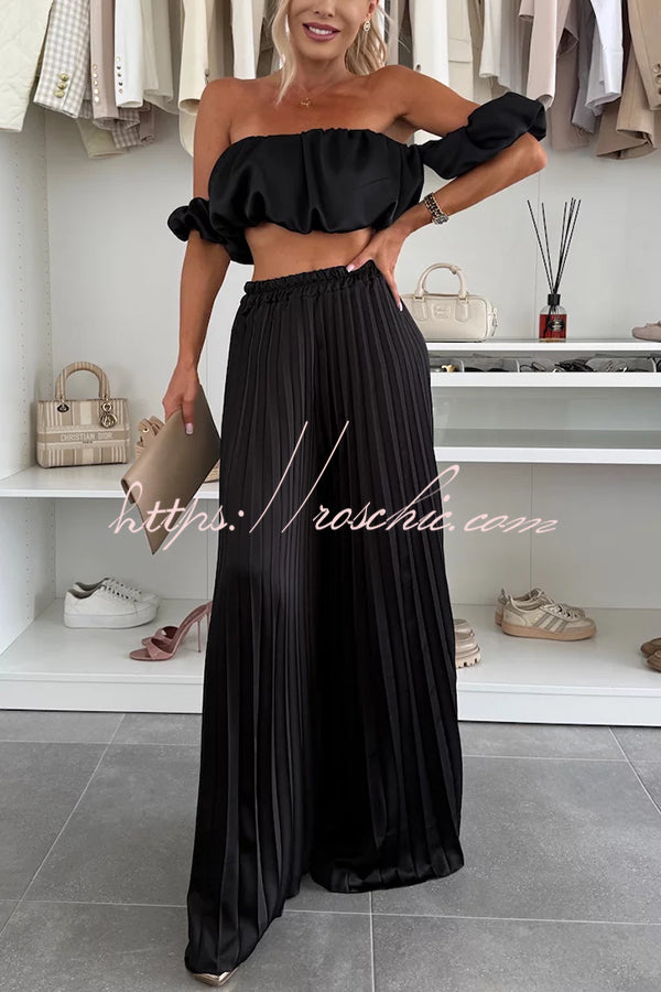 Jorie Satin Off Shoulder Puff Sleeve Crop Top and Elastic Waist Pleated Wide Leg Pants Set