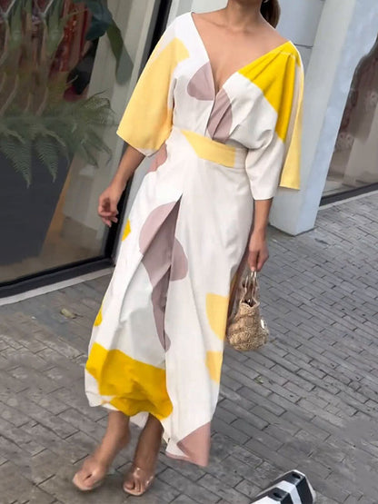 Loose Raglan Sleeve High-waisted Printed Deep V-neck Maxi Dresses