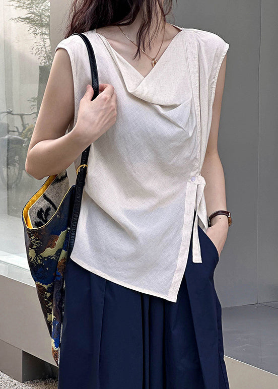 Beige Cotton Blouse Tops Turtle Neck Sleeveless Af1044