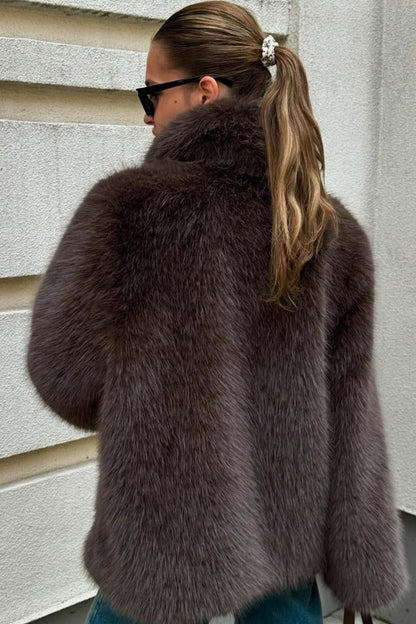 Brown Faux Fox Fur Wide Collar Mid-length Fluffy Coat