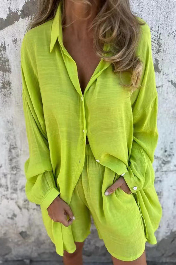 Color Lapel Long Shirt and Elastic Waist Loose Pocket Shorts Set