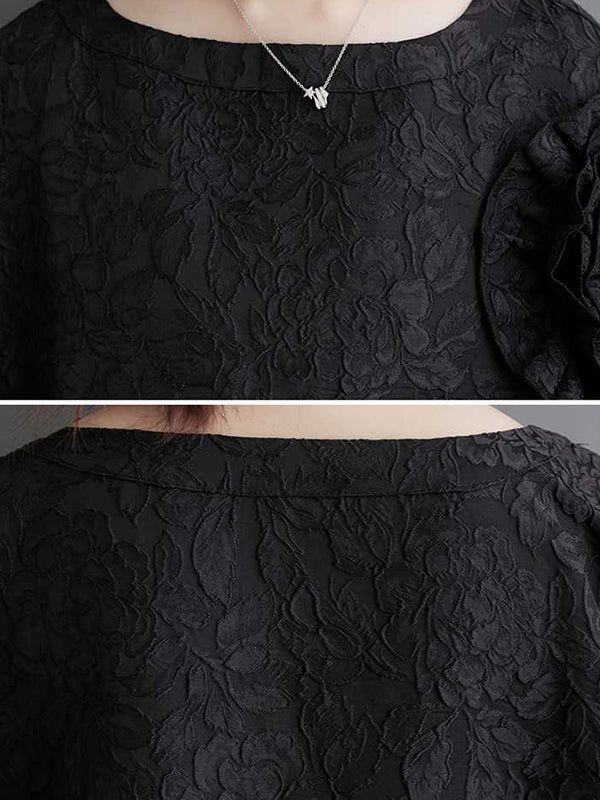 Batwing Sleeves Loose Asymmetric Flower Shape Gauze Jacquard Pleated Color Split-joint Round-neck Midi Dresses