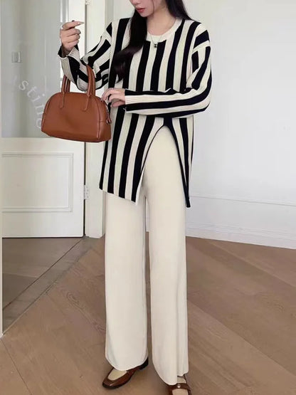 Knitted Side Slits Sweater Autumn Loose High Waist Long Pants ’s Pullover 2 Piece Suits Outfits