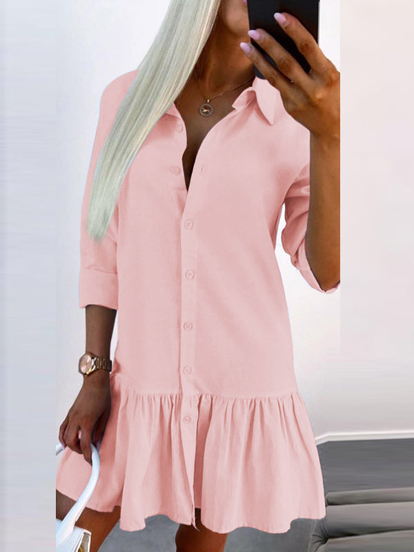 Long Sleeves Loose Buttoned Pleated Color Split-joint Lapel Mini Dresses Shirt Dress