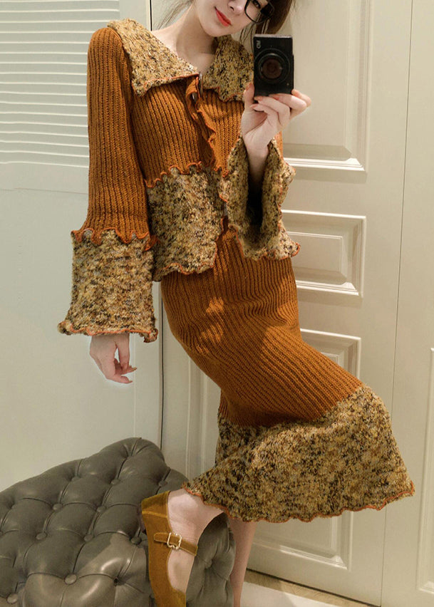 French Peter Pan Collar Print Patchwork Cotton Knit Cardigans and Maxi Skirts Two Pieces Set Fall Wv023