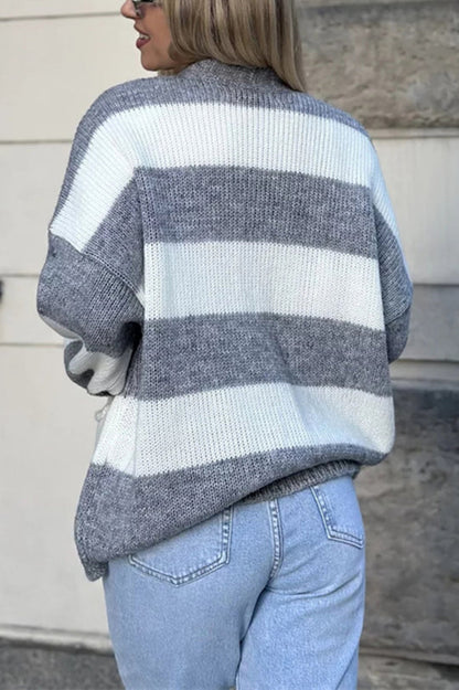 V-neck Long-sleeved Striped Pocket Knitted Cardigan