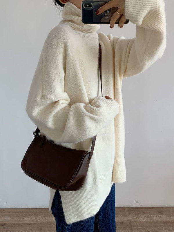 Red High Neck Split Hem Long Sleeve Sweater An1056