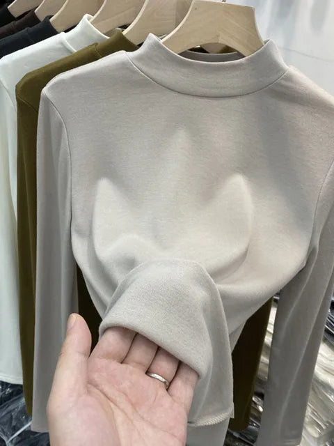Basic Pure Cotton White T-shirt for Slim Top ’s Half Turtleneck Long Sleeve T-shirts