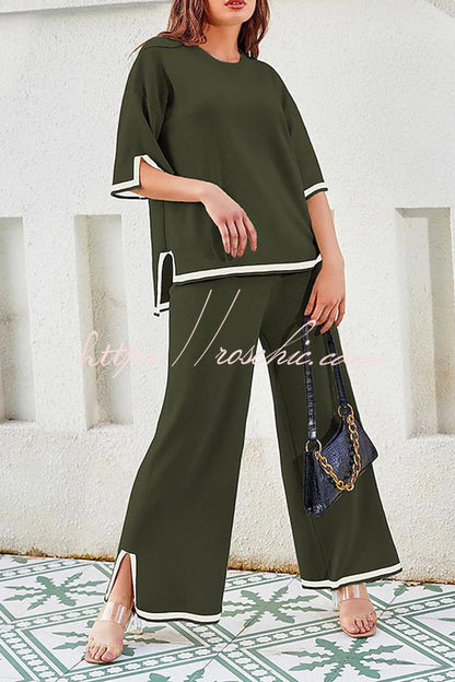 Lounge or Wear Knit Patchwork Color Block Short Sleeve Top and Elastic Wide Leg Pants
