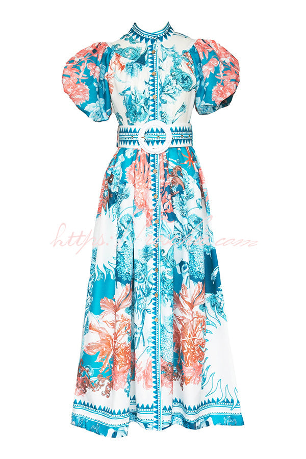 Unique Print Puff Sleeve Button Belt Maxi Dress