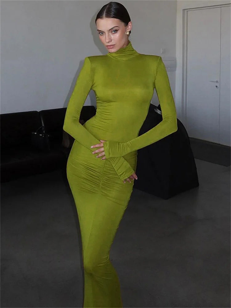 Autumn Turtleneck Skinny Long Dress ’s High Waist Long Sleeve Patchwork Party Dress Female Maxi Dress