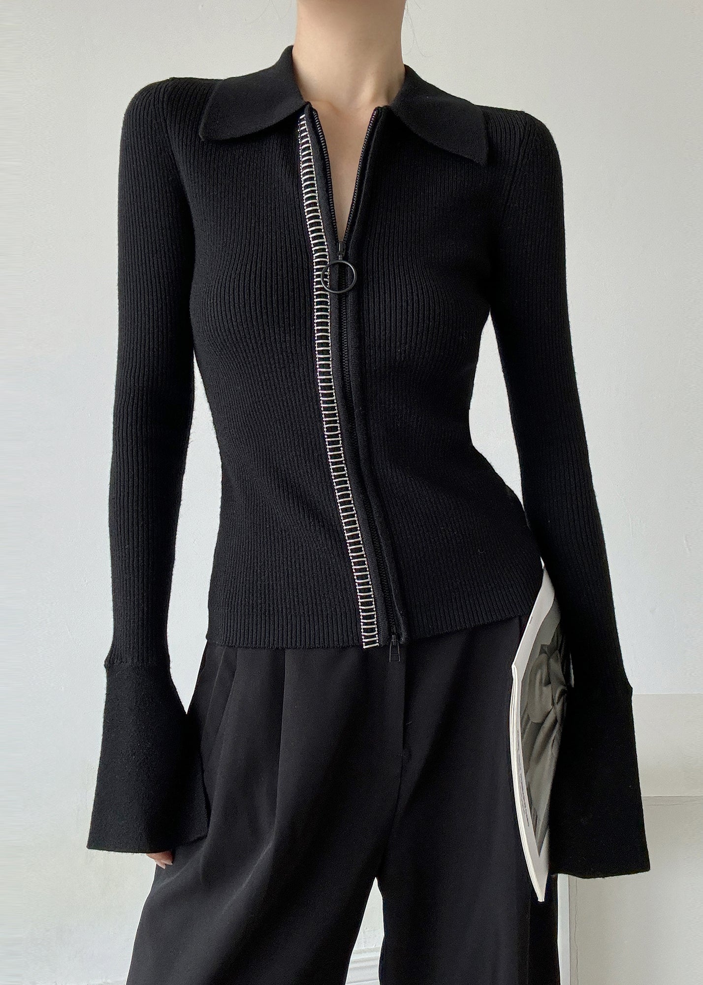 Italian Black Peter Pan Collar Zip Up Patchwork Woolen Sweaters Winter Rv028