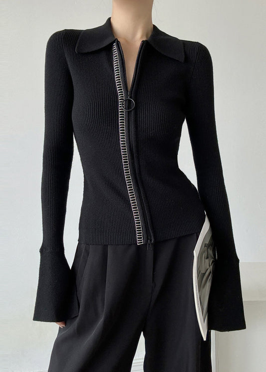 Italian Black Peter Pan Collar Zip Up Patchwork Woolen Sweaters Winter Rv028