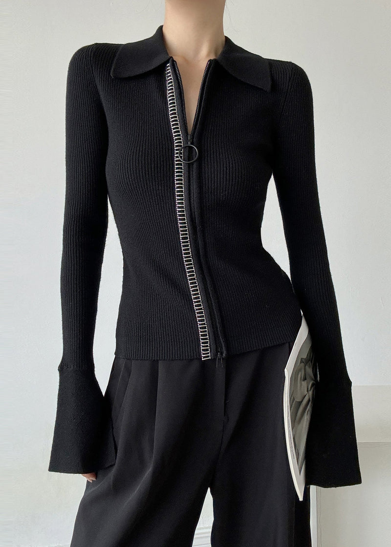 Italian Black Peter Pan Collar Zip Up Patchwork Woolen Sweaters Winter Rv028