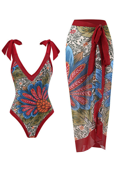 Full of Sunshine Printed Shoulder Tie One-piece Swimsuit With Midi Cover-up Skirt