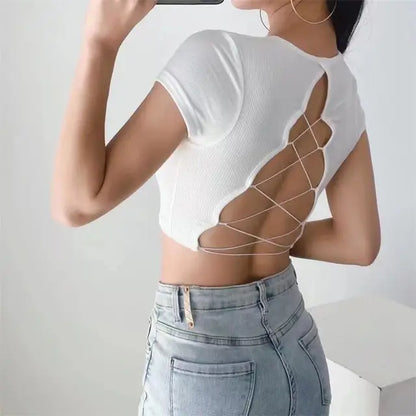 ’s O-neck Backless T-shirt Short Sleeve Color Crop Top Summer Baby Tee Y2k Clothes Skinny Tunics Tops