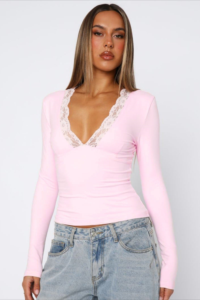 V Neck Lace Slim Blouse
