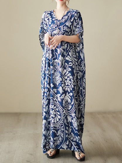 Loose Short Sleeves Printed V-neck Maxi Dresses