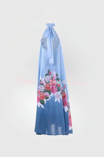 Blooming Flowers Satin Printed A-line Halter Tie-up Maxi Dress