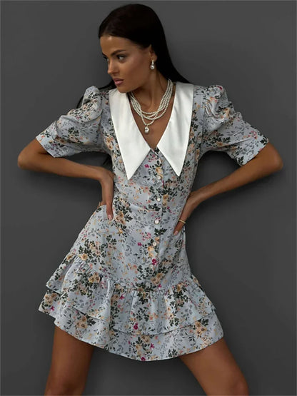 Printed Ruffled V-neck Mini Dress Female Short Sleeve Slim High Waist Party Dress ’s Summer Dress New