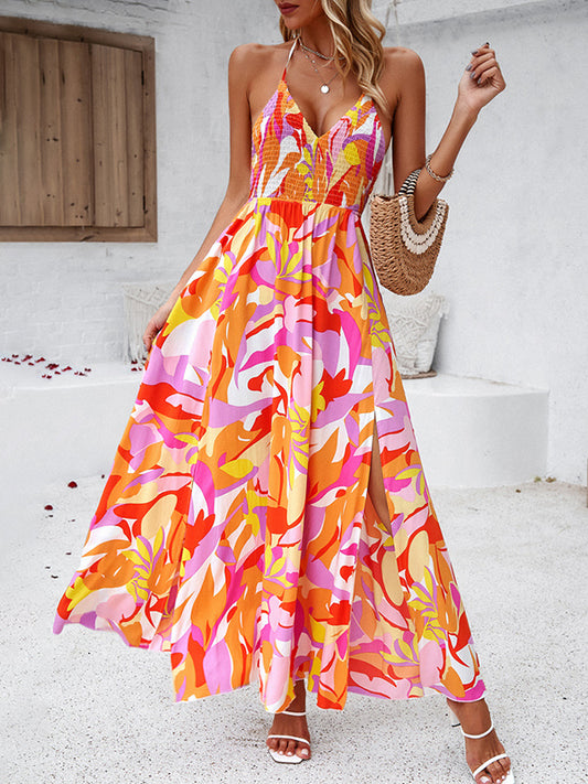 High Waisted Sleeveless Backless Elasticity Pleated Printed Split-side Tied Halter-neck Maxi Dresses