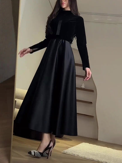 A-line Long Sleeves Pleated Split-joint Zipper Mock Neck Maxi Dresses