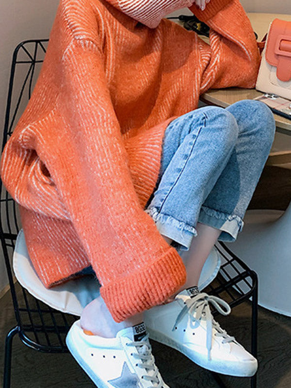 Design Loose Blue Contrast Color High-neck Long Sleeve Sweater An1054