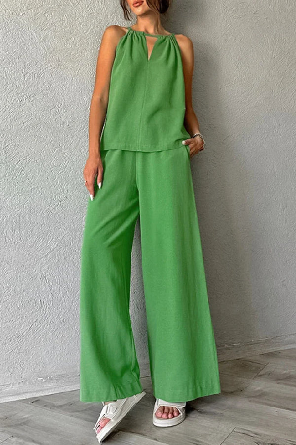 Cotton and Linen Cut-out Lace-up Vest \u0026 Wide-leg Pants Two-piece Set