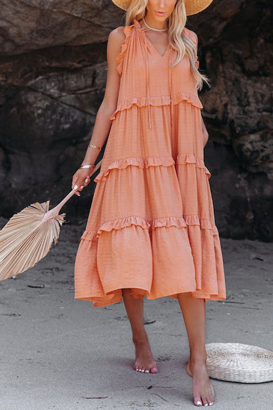 Cotton Blend Pocketed Tiered Midi Dress