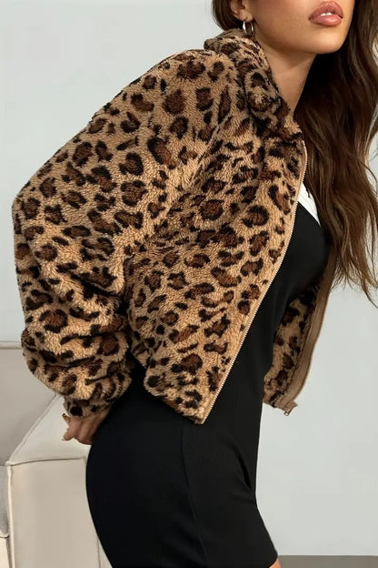 Leopard Print Hooded Zip-up Coat