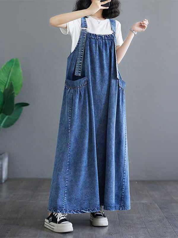 A-line Loose Pleated Pockets Split-joint Spaghetti-neck Maxi Dresses Suspender Dress