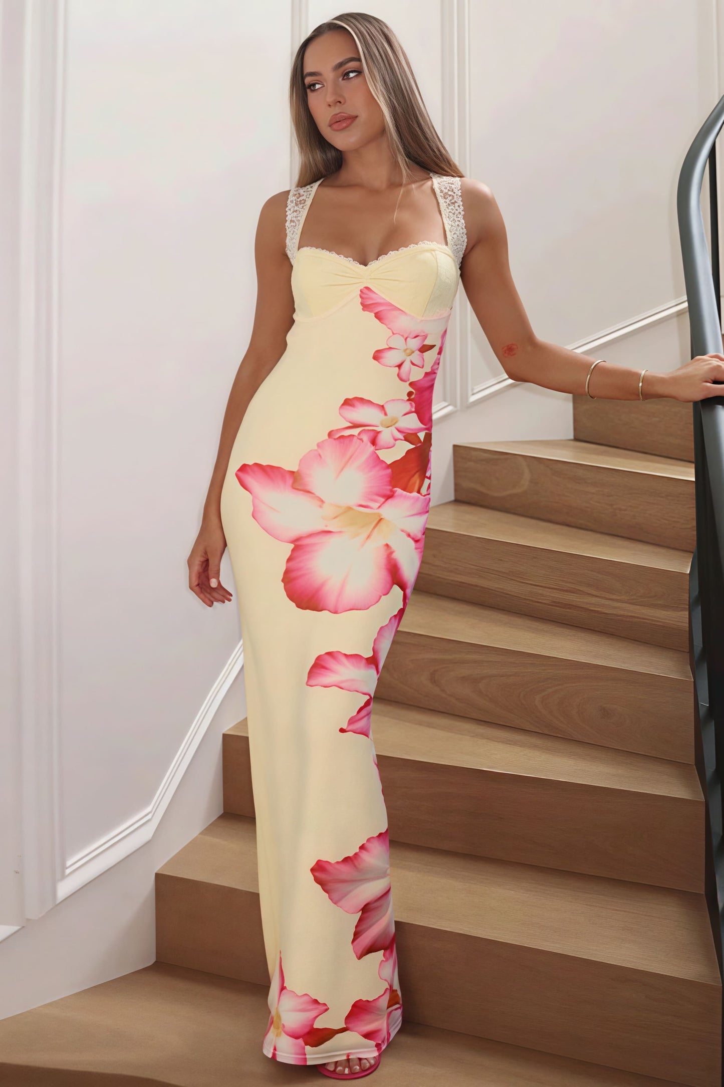 Print Off Shoulder Lace Patchwork Cami Backless Maxi Dress