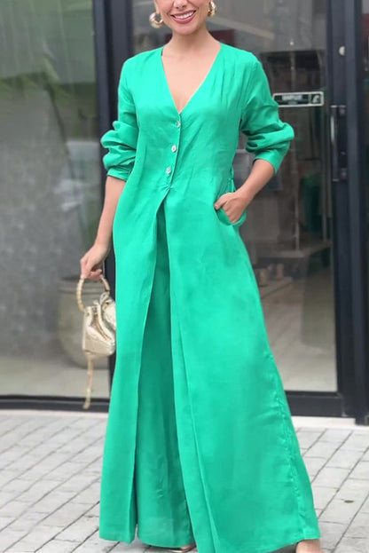 Color V-neck Long Sleeve Waist Pocket Jumpsuit