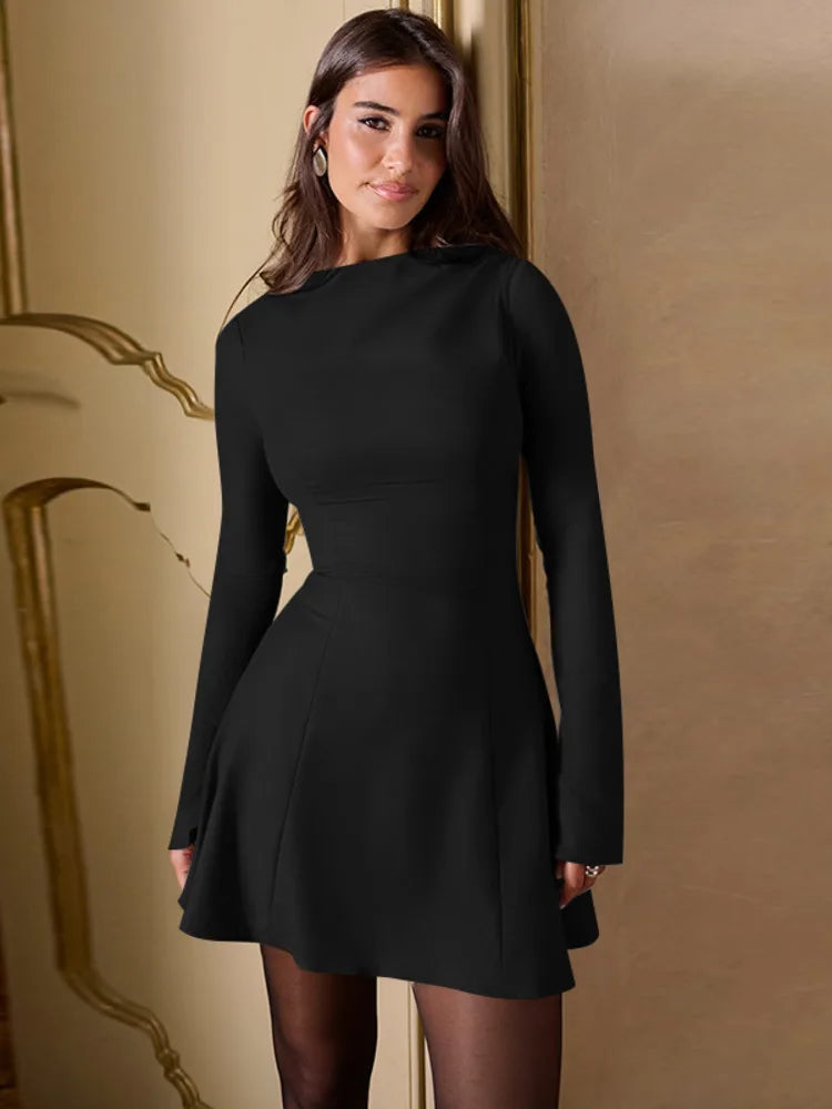 Long Sleeve High Waist Mini Dress for Autumn Winter New O Neck Bodycon Club Party Dress