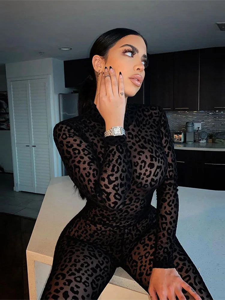 Animal Instinct Mesh Bodystocking Leopard See Through Velour Long Sleeve Rompers Jumpsuit Midnight Clubwear