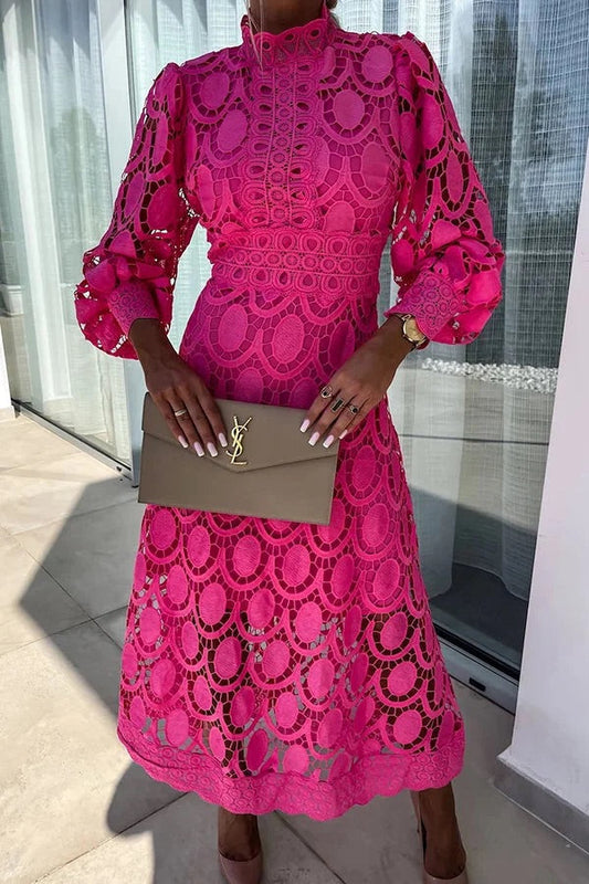 Romantic, Sensual and Crochet Lace Lantern Sleeve Party Midi Dress